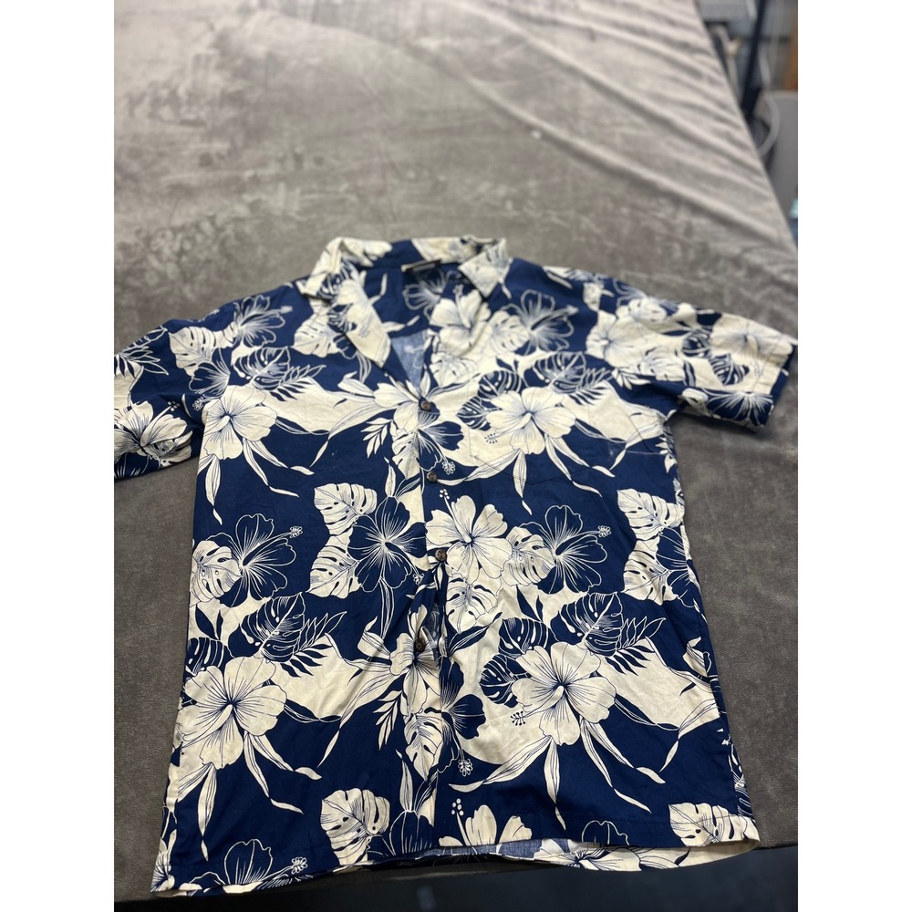 Hawaii Station Mens Navy Blue‎ Cream Hibiscus Floral Aloha Camp Shirt Small